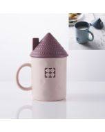 Children Creative Small House Mouth Cup with Lid Dustproof Student Dormitory Drinking Cup Home Couple Cup(Pink)