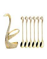 Swan Fruit Fork And Spoon Set Dessert Fork Fruit Fork Rack Tableware Wedding Gift, Colour: Golden Stripe With 6 Spoons