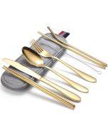 7 in 1 Cutlery Spoon Chopsticks And Straw Set Stainless Steel Portable Cutlery Set, Specification: Gold+ Light Bag